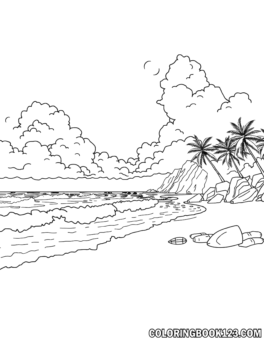 Ausmalbild eines Strandes in Hawaii mit Surfern und Wellen