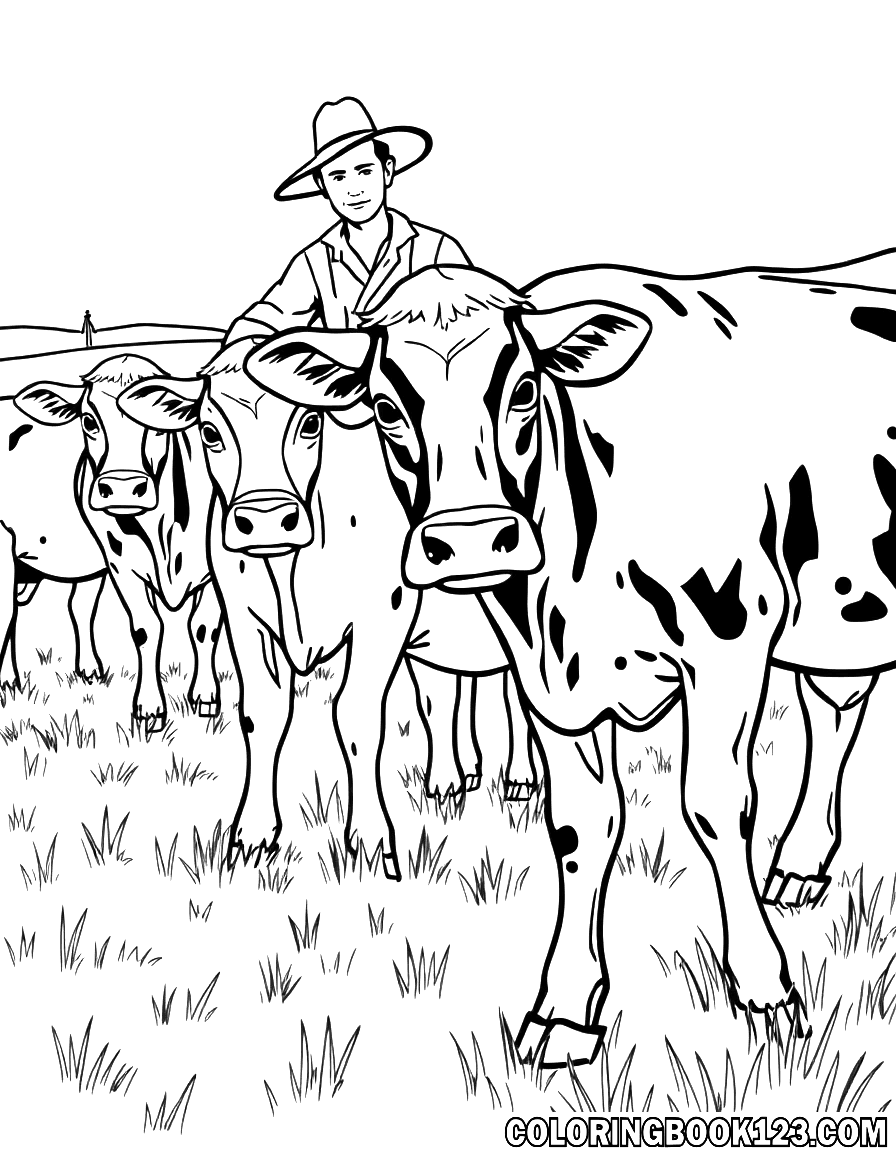 Cows in a pasture with a farmer, line art coloring page