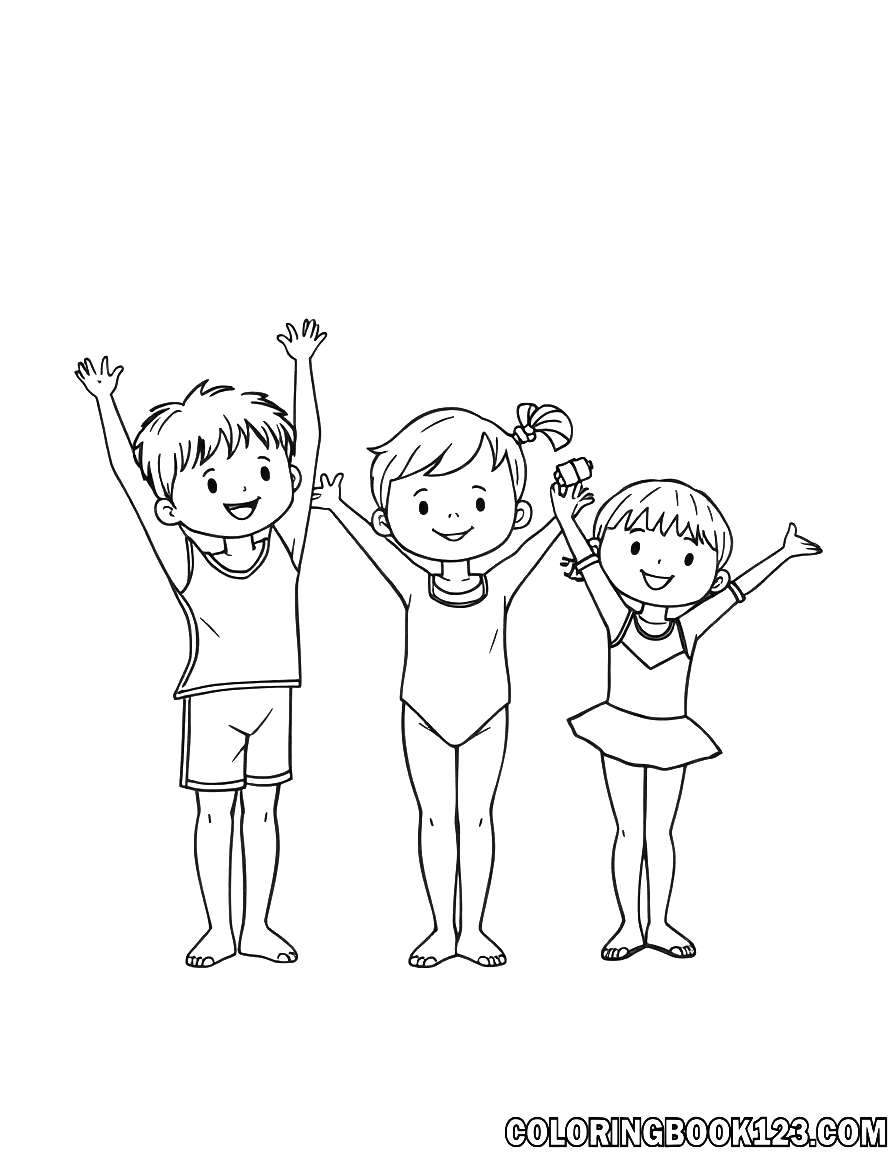 Ausmalbild von Kindern beim Turnen