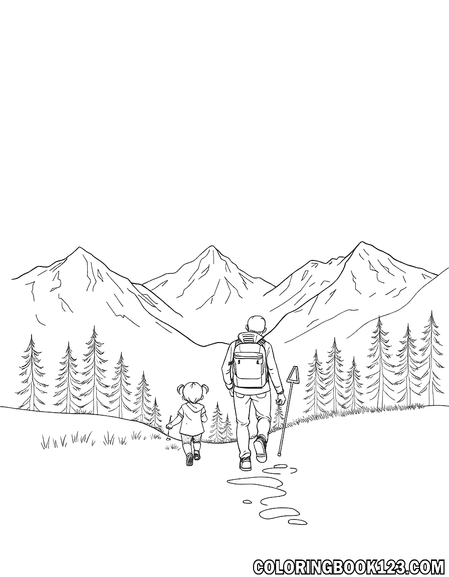 A family hiking in the mountains coloring page