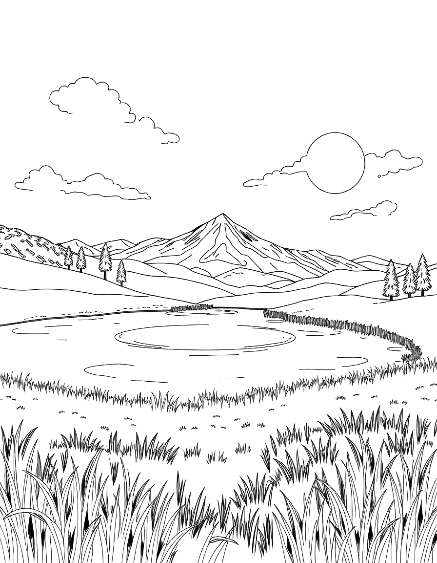 A serene lake on a meadow coloring page