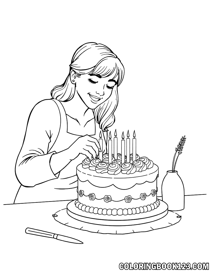 Baking cake with mom coloring page