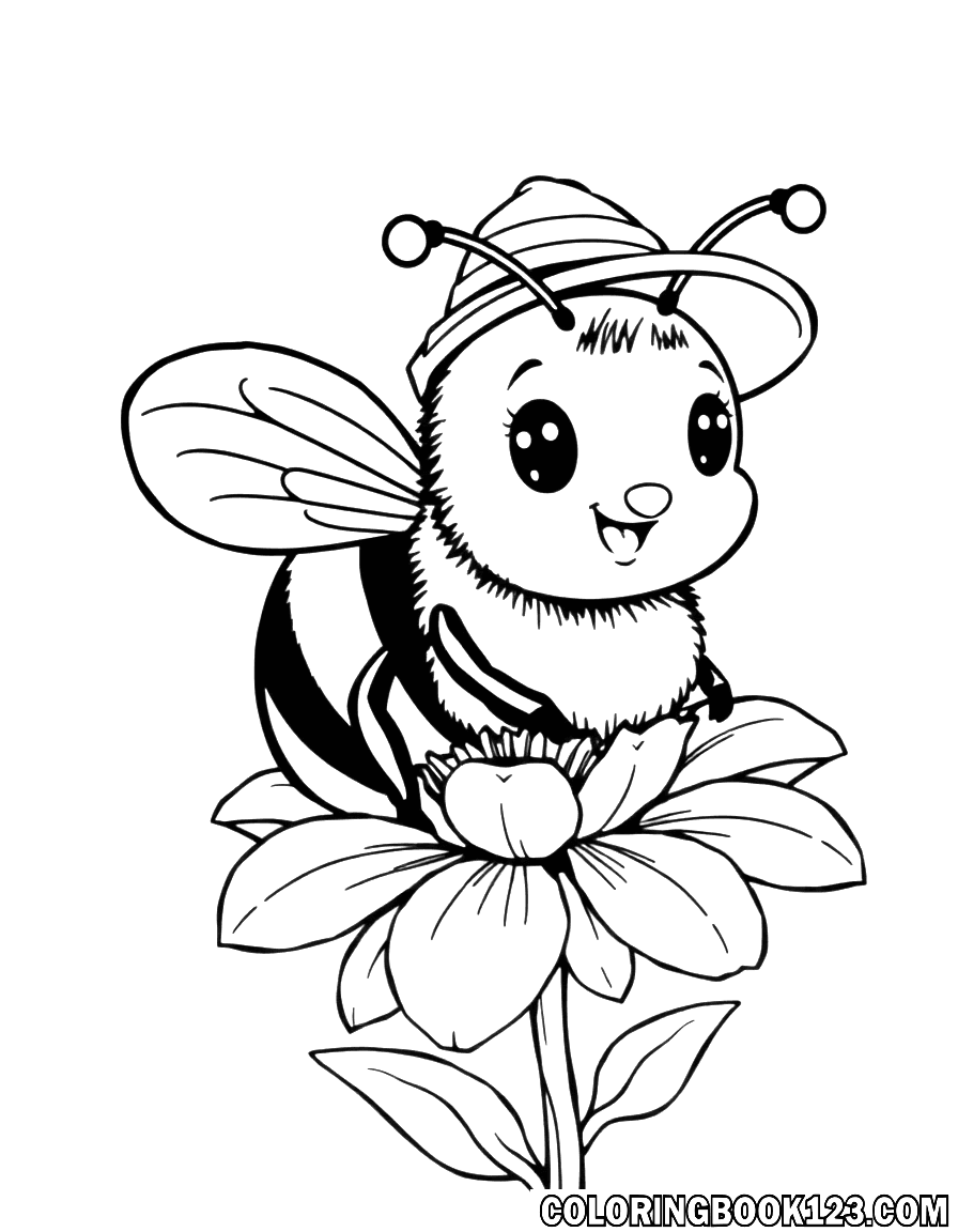 Cute bee with a hat on a flower coloring page