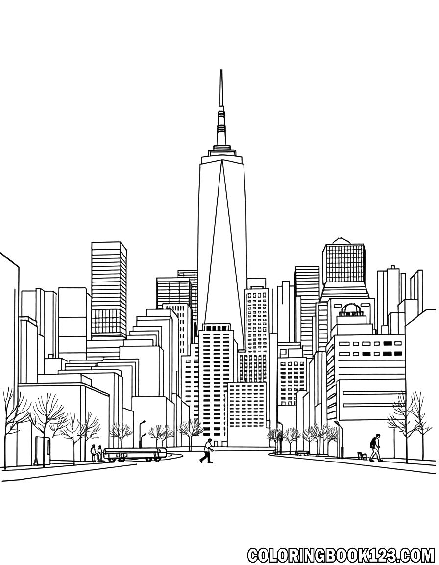 Line art coloring page of New York City skyline