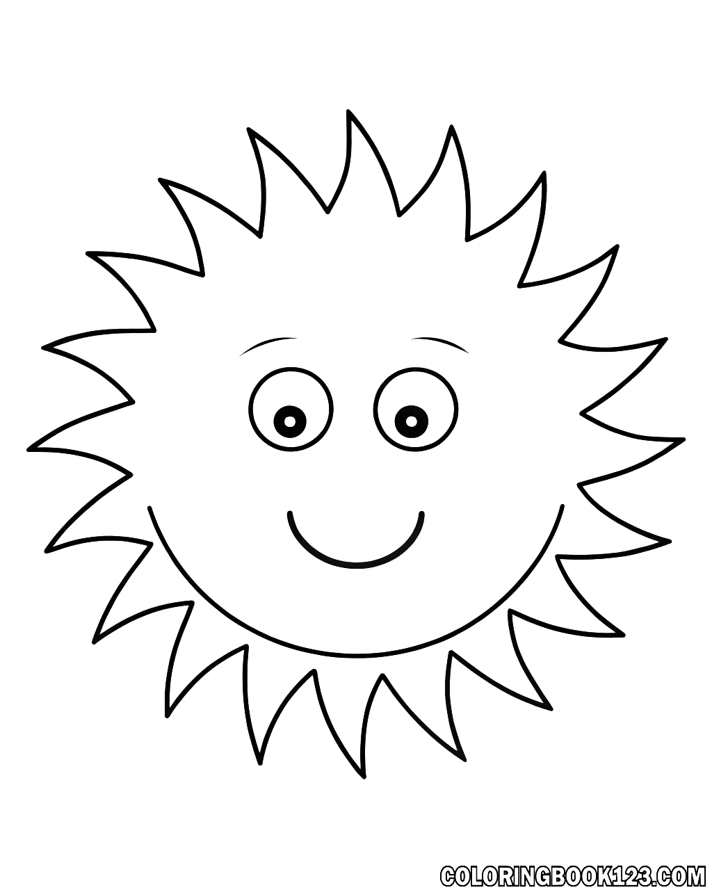 Ausmalbild einer fröhlichen Sonne mit einem breiten Grinsen und dicken Strahlen.