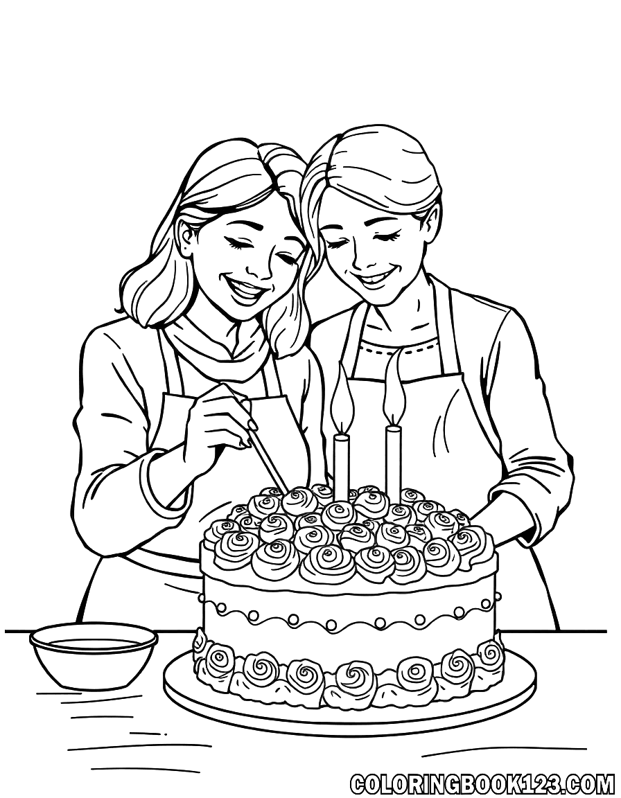 Ausmalbild von einer Mutter und ihrem Kind, die zusammen einen Kuchen dekorieren.