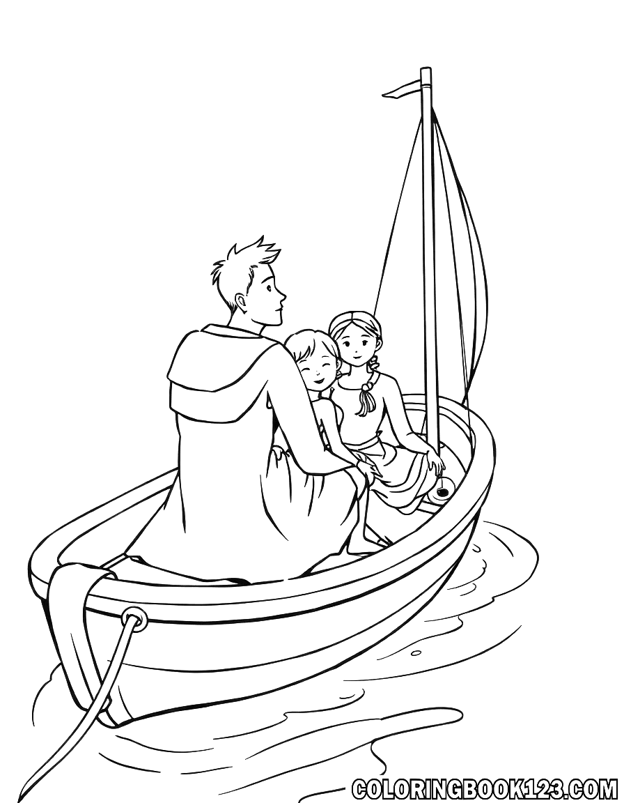 Dibujo para colorear de una familia en un barco