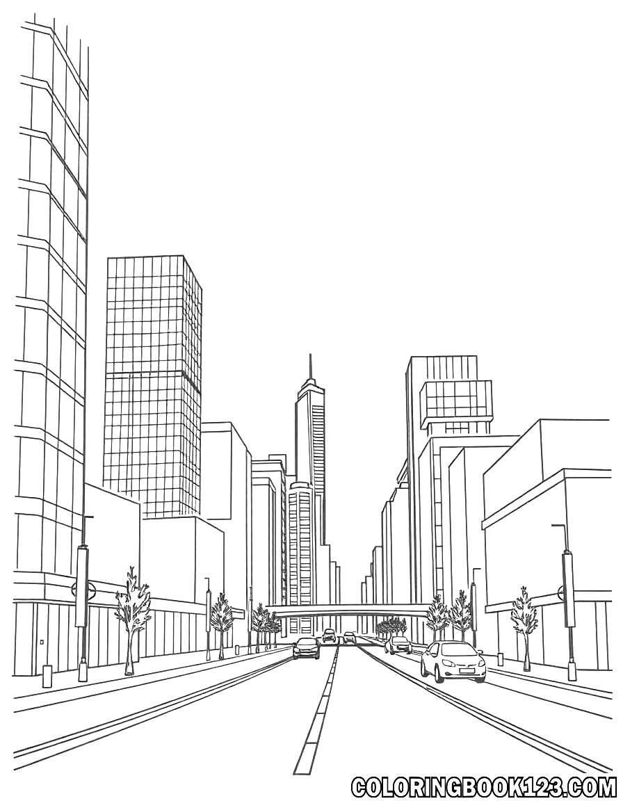 Line art of a modern city with tall buildings and trees