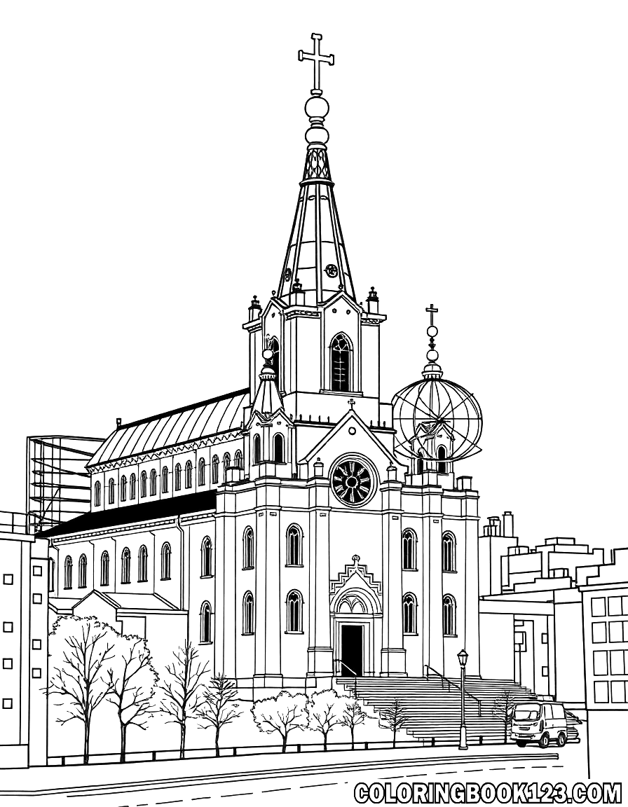 Ausmalbild einer Kirche in der Stadt