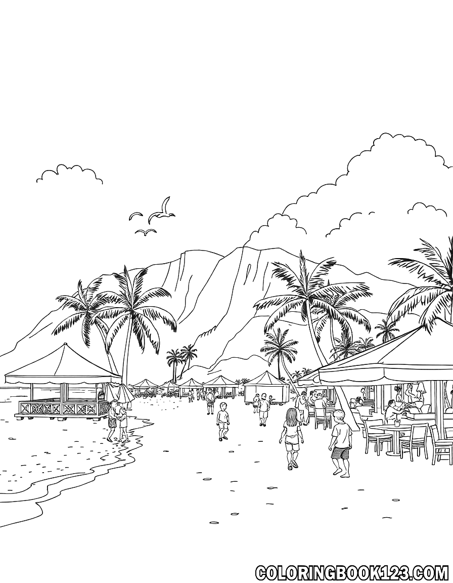Ausmalbild eines Strandes in Hawaii mit Restaurants und Kindern