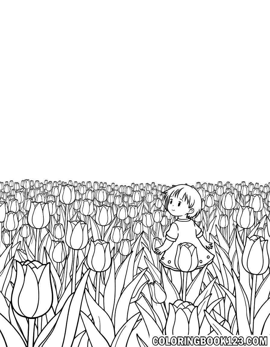Ausmalbild eines Tulpenfeldes mit Kindern