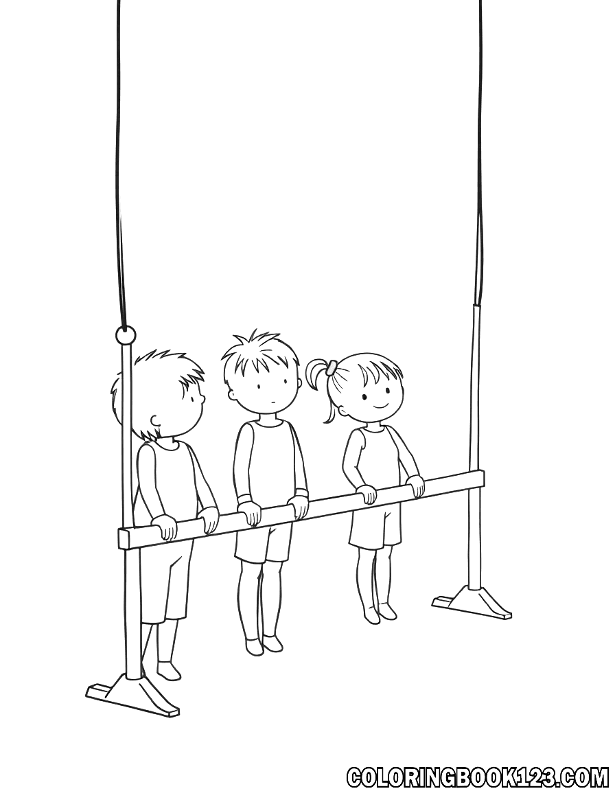 Ausmalbild von Kindern am Turnbarren