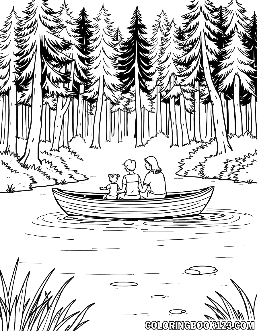 A family in a boat on a river in the forest, line art.