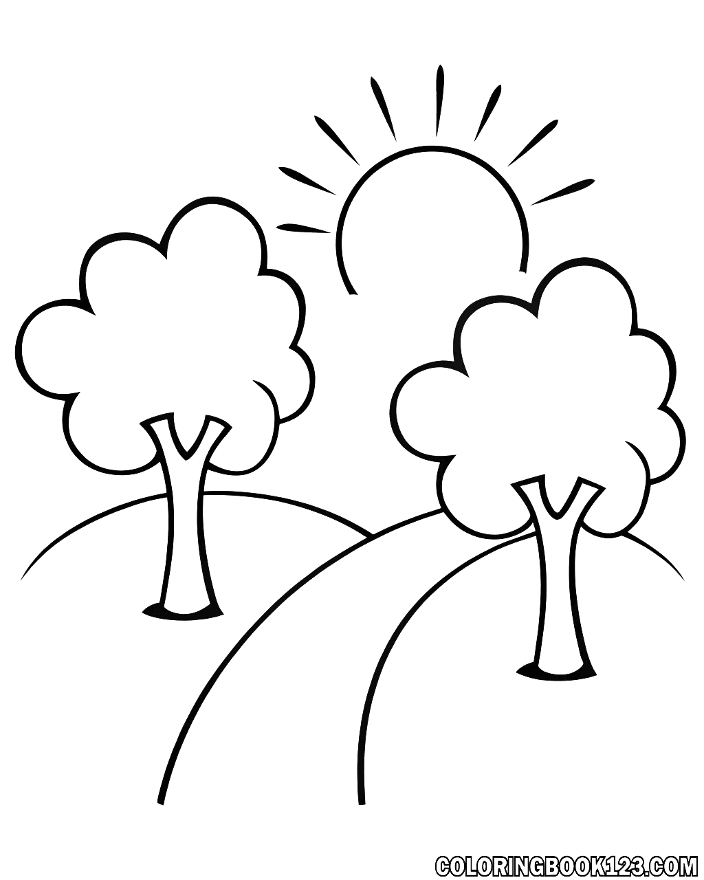 Ausmalbild eines Sonnenaufgangs über einem friedlichen Wald mit cartoonhaften Bäumen.