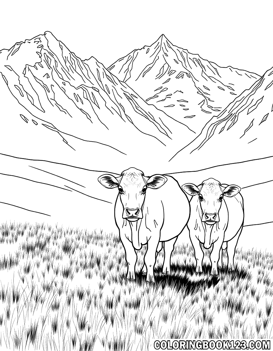 Ausmalbild von Kühen in einer Berglandschaft