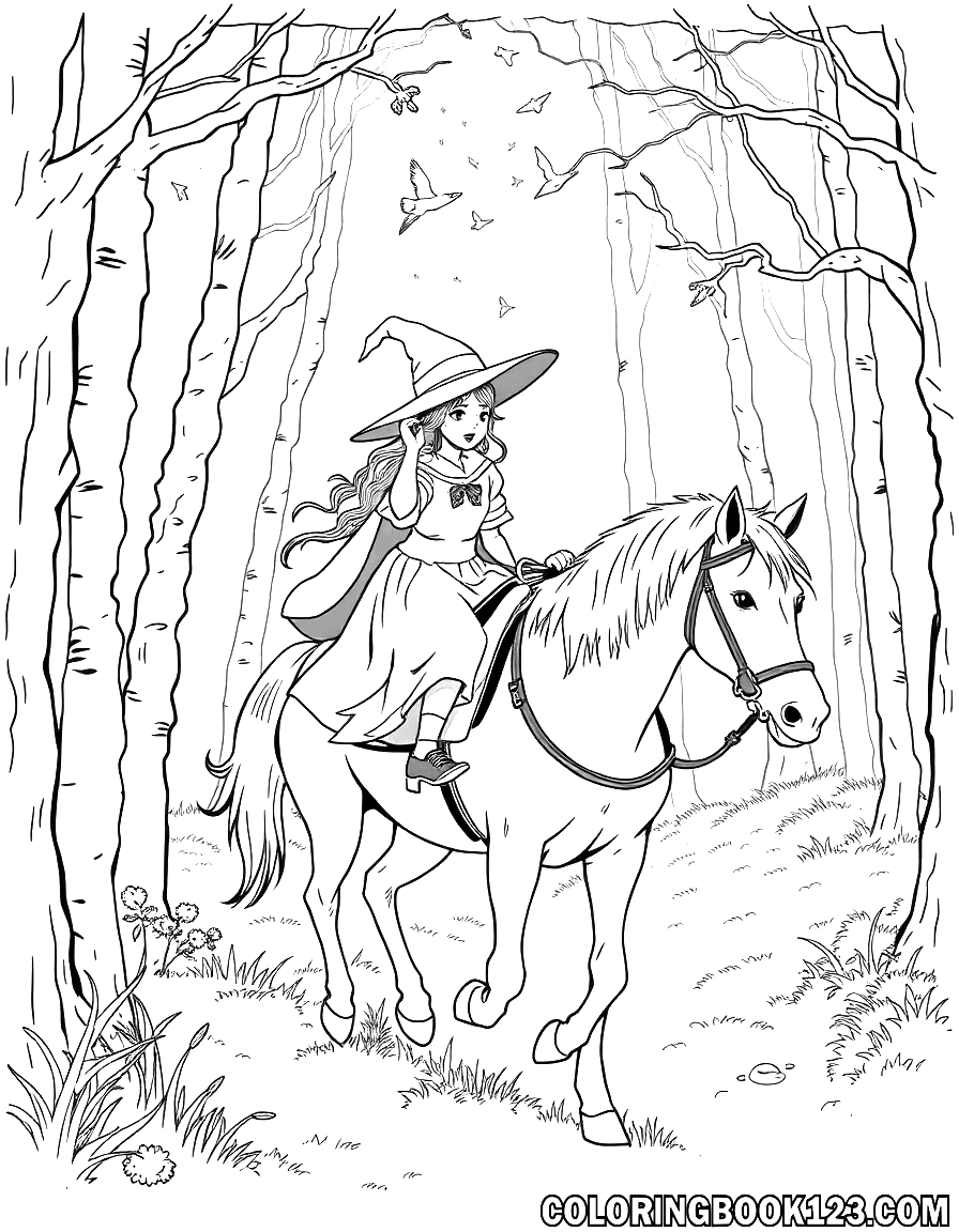 Junge Hexe reitet auf einem Pferd durch den Wald
