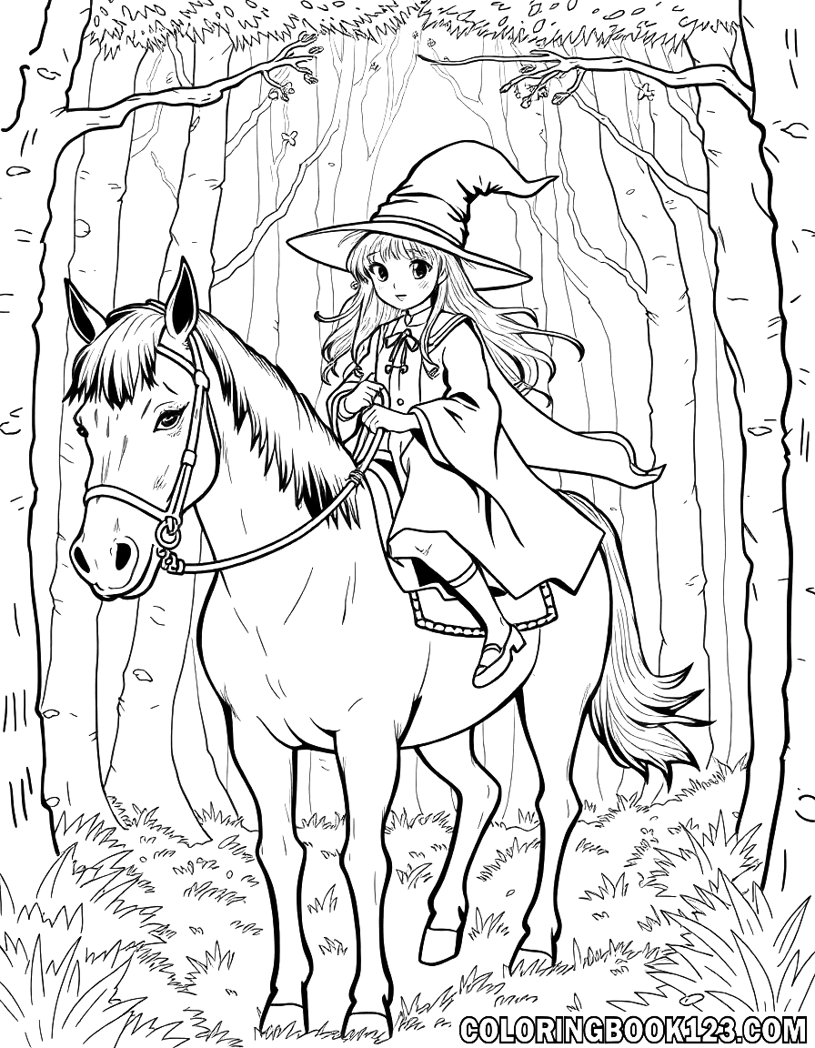 A young witch riding a horse through the forest in line art.