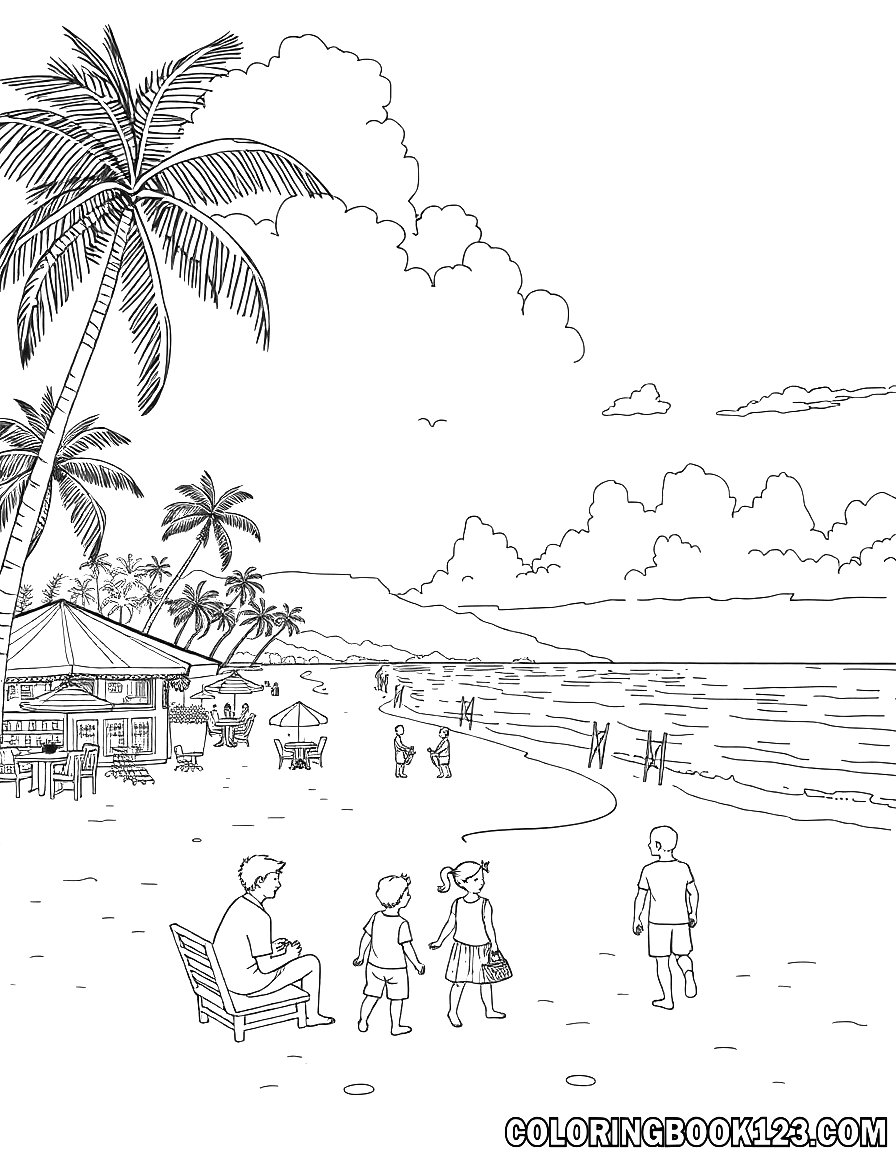 Ausmalbild eines Strandes in Hawaii mit Restaurants und spielenden Kindern.