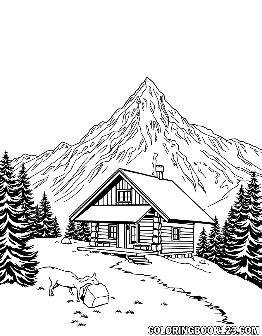 Alpenhütte in den Bergen Ausmalbild