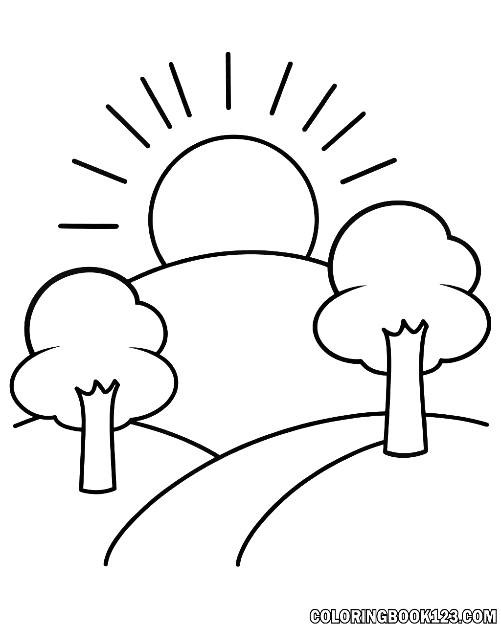 A black-and-white coloring page of a sunrise over a peaceful forest.