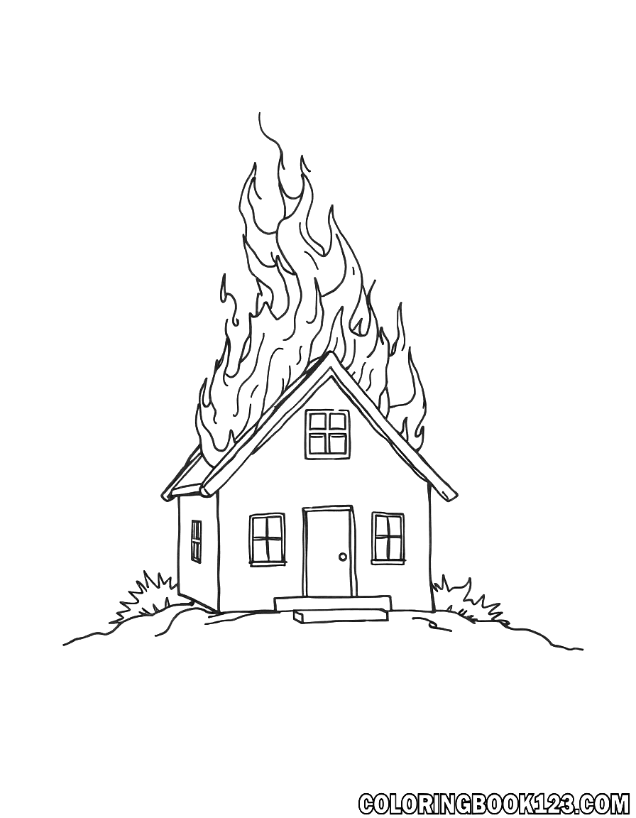 Ausmalbild eines Hauses im Feuer