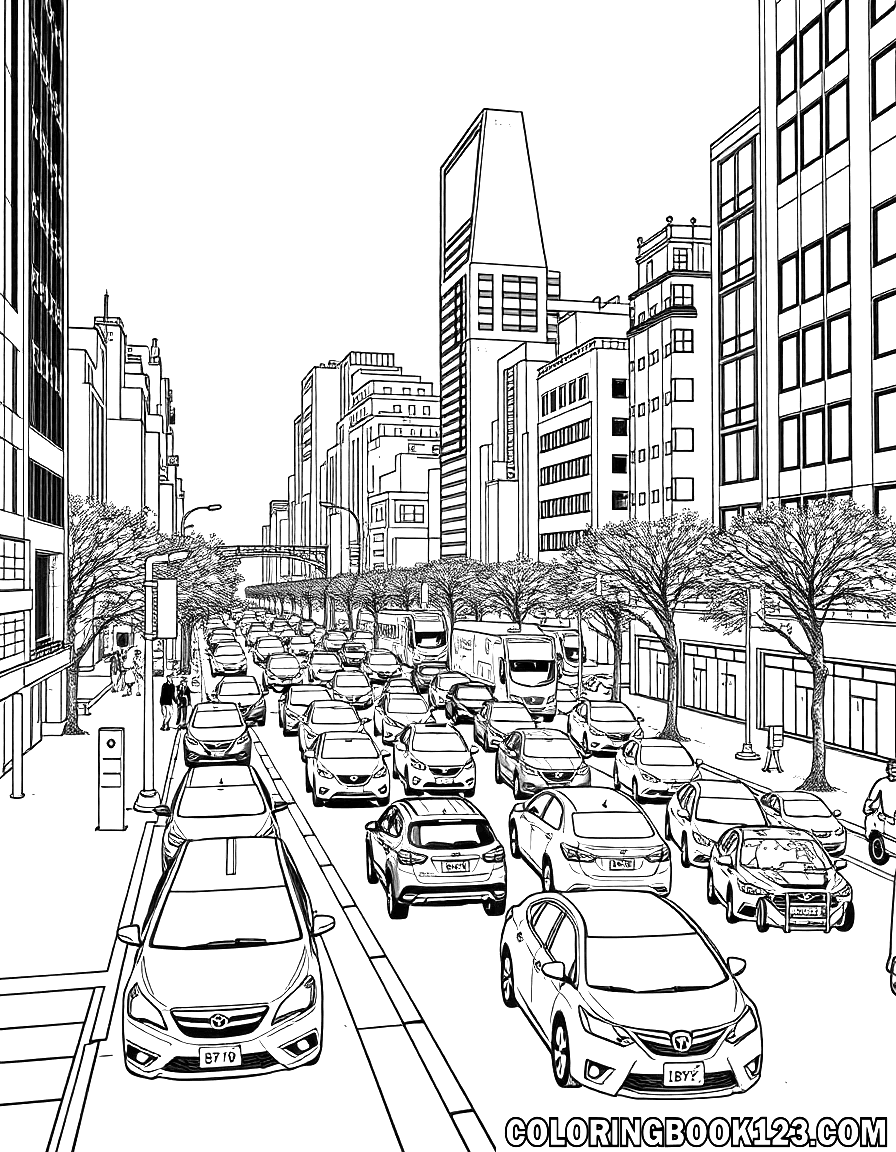 Ausmalbild Stadtzentrum mit starkem Verkehr