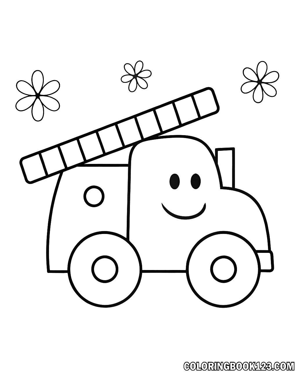 Ausmalbild eines freundlichen Feuerwehrwagens