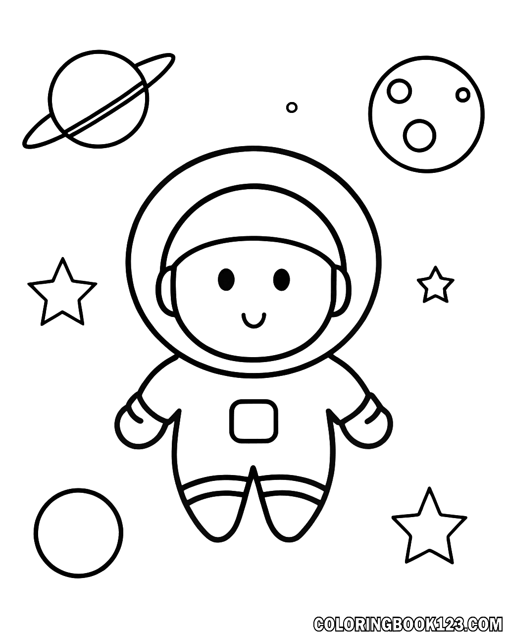 Ausmalbild eines Astronauten im Weltraum mit Planeten und Sternen