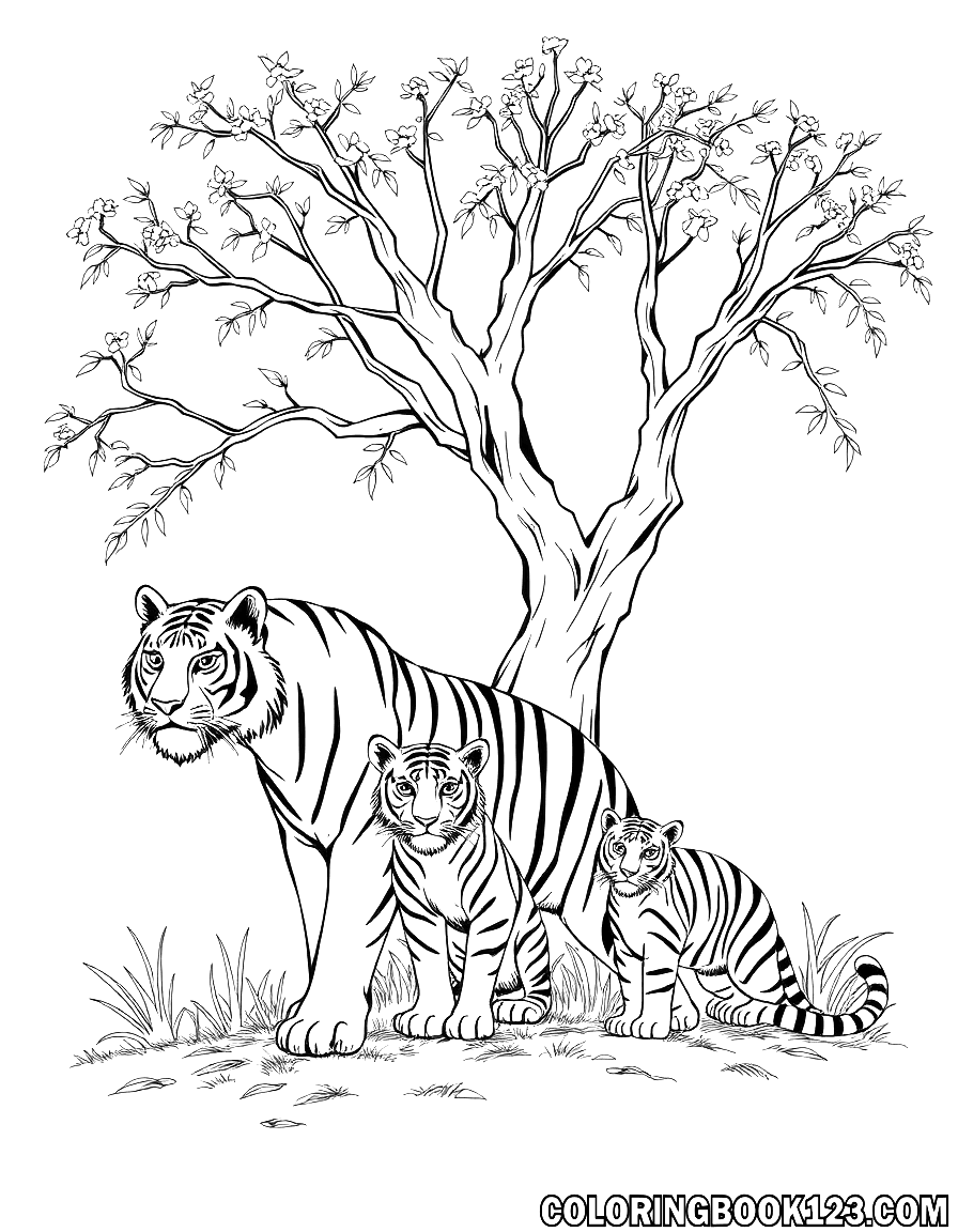 Tigerfamilie unter einem Baum Ausmalbild