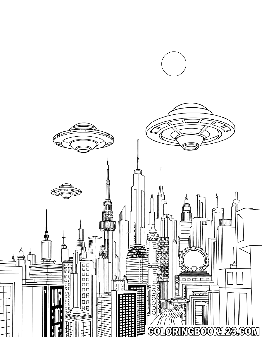 Futuristische Stadt mit UFOs Ausmalbild
