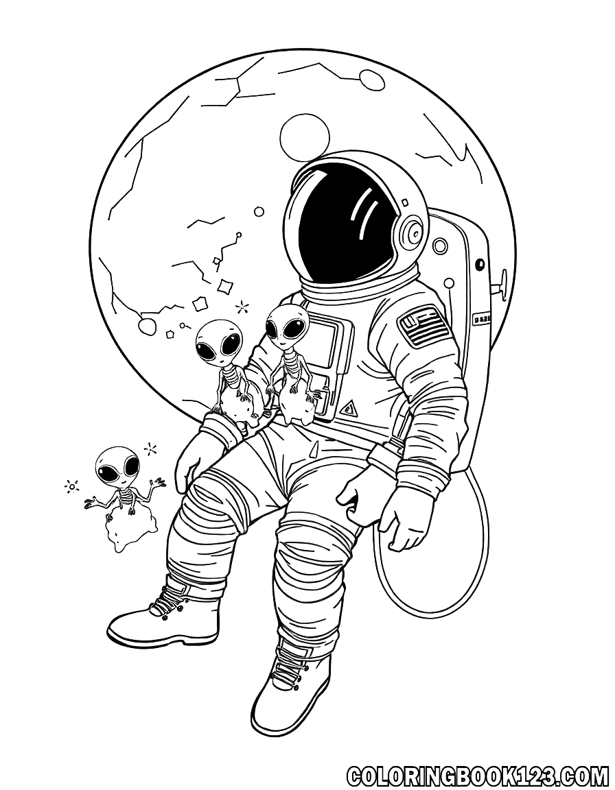 Astronaut mit Aliens auf dem Mond Ausmalbild