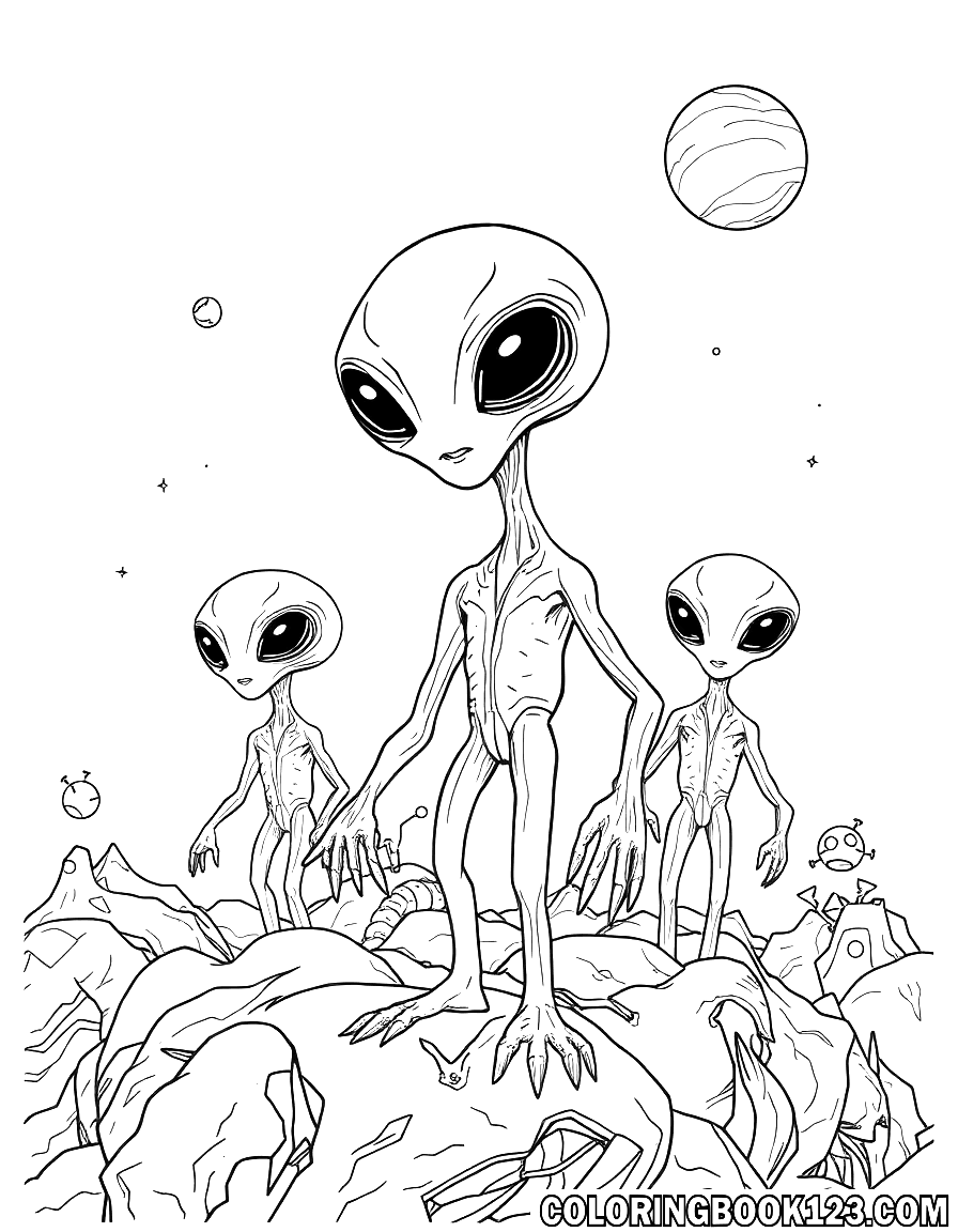 Ausmalbild von außerirdischen Wesen im Weltraum