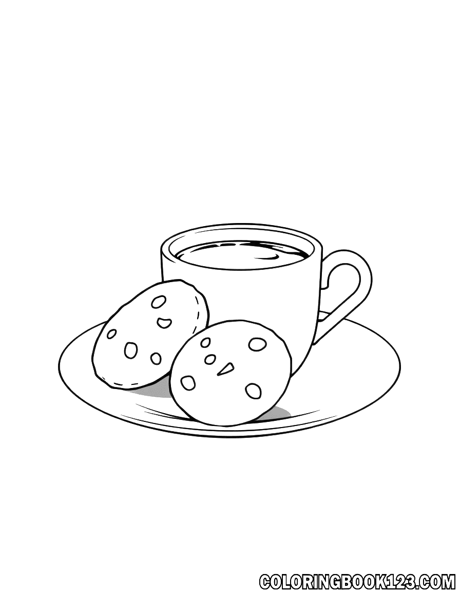 Ausmalbild von Keksen auf einem Teller mit einer Tasse Kaffee