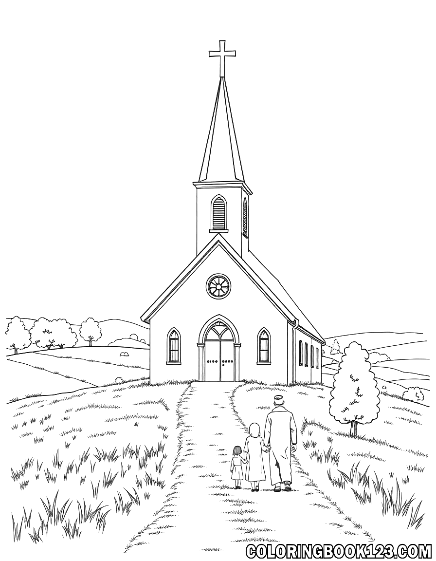 Ausmalbild einer Kirche im ländlichen Raum mit einer Familie