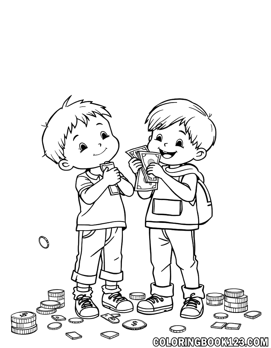 Ausmalbild von Kindern, die mit Geld spielen.