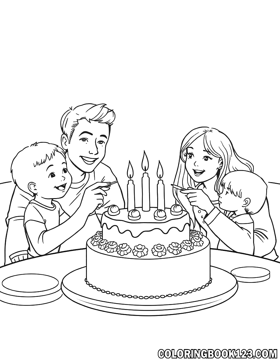 Familie beim Kuchenessen Ausmalbild