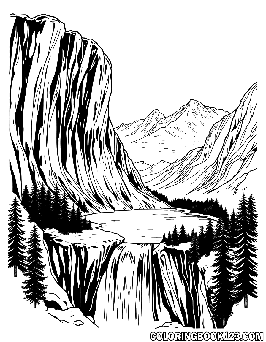 Wasserfall mit einem See in den Bergen, Ausmalbild