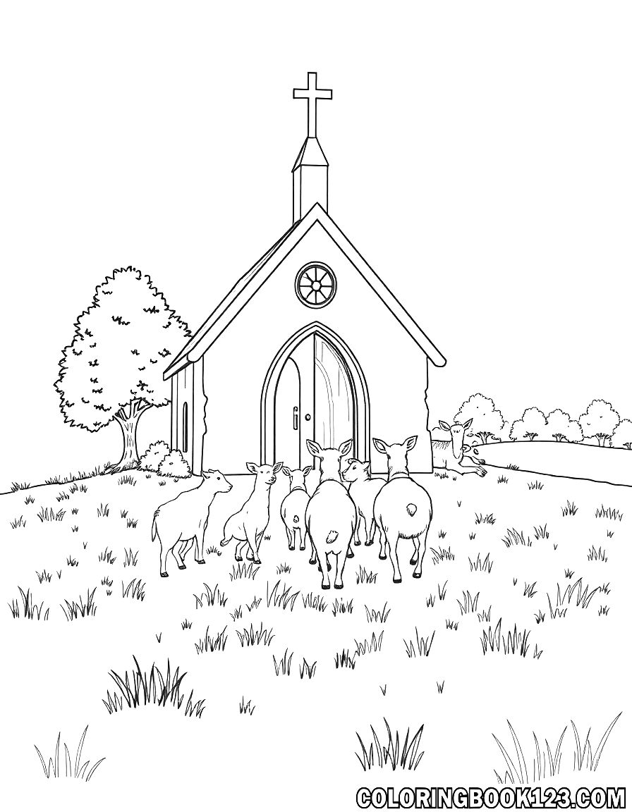 Tiere betreten eine Kirche auf einer Wiese