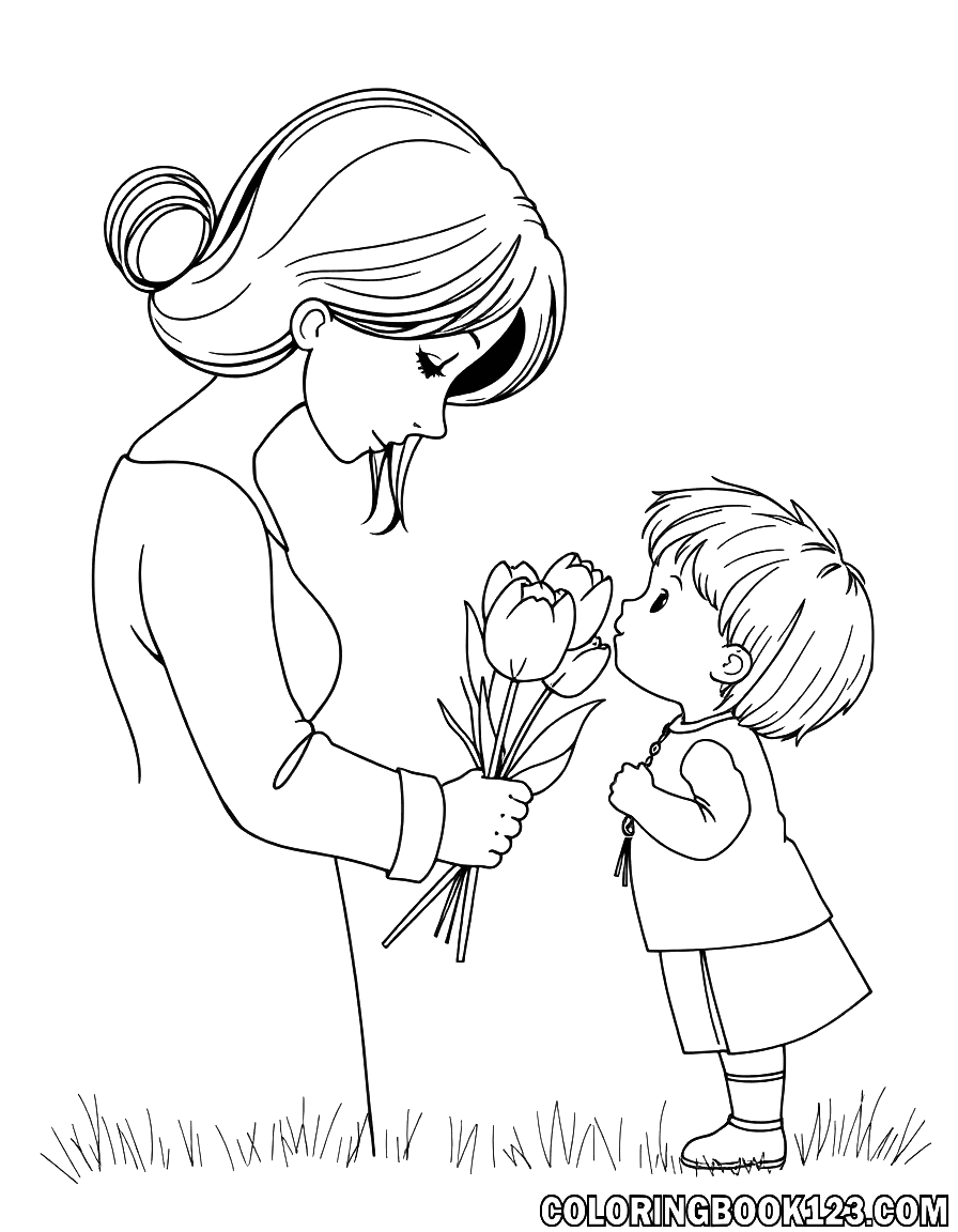 Kind überreicht Tulpen an die Mutter