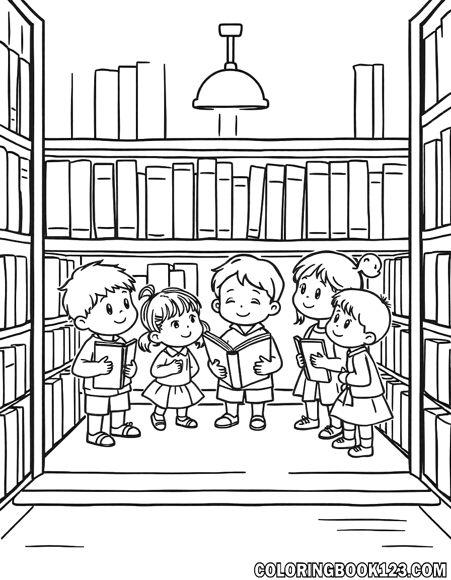 Ausmalbild von Kindern in einer Bibliothek