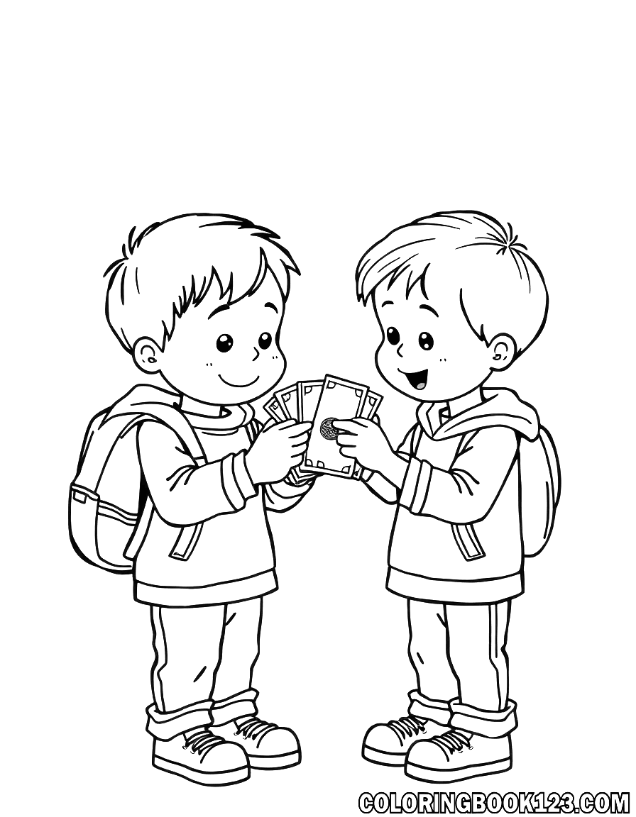 Ausmalbild von zwei Kindern, die mit Geld spielen.