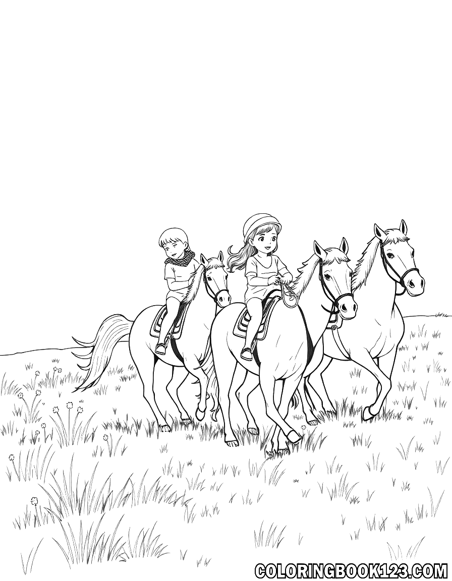 Ausmalbild von Kindern, die auf Pferden in einer Wiese reiten.
