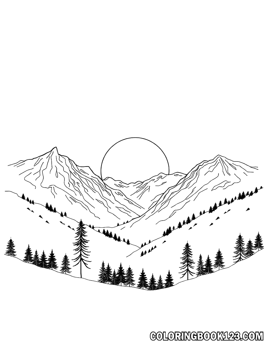 Ausmalbild eines Sonnenaufgangs in den Bergen