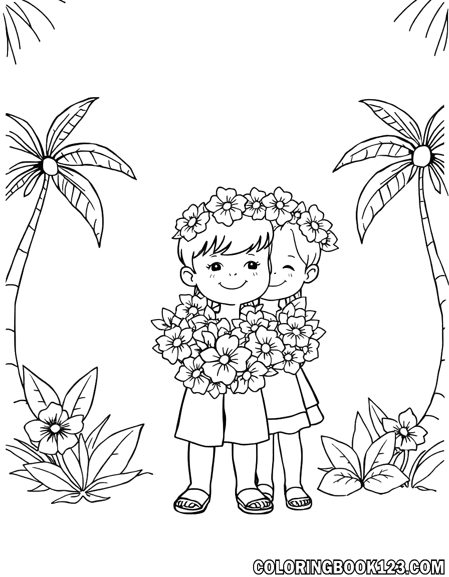 Ausmalbild von Kindern mit einem Blumenkranz in Hawaii