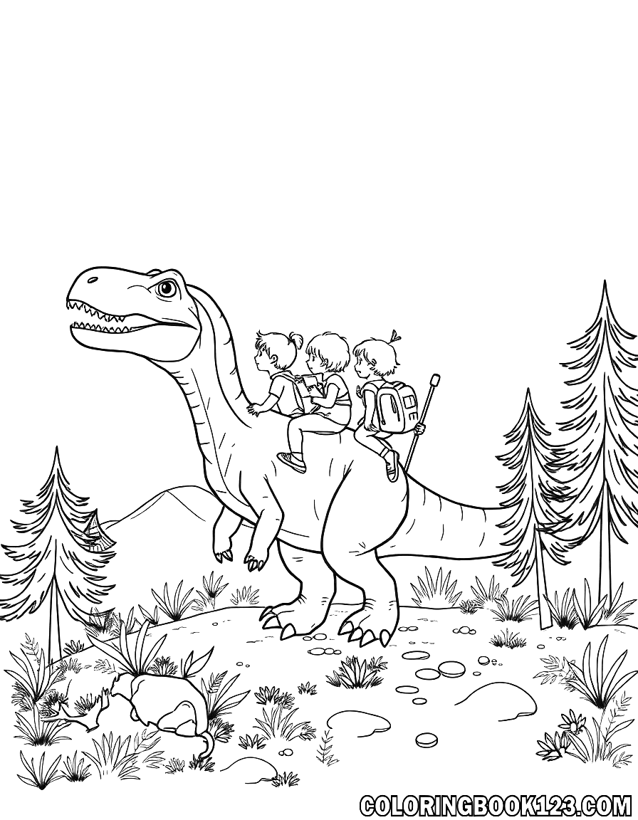 Kinder auf einem Dinosaurier beim Wandern