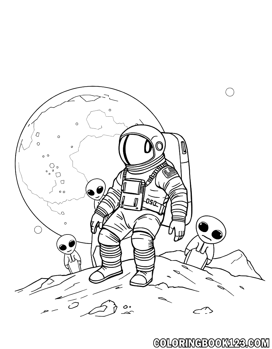 Astronaut mit Aliens auf dem Mond Ausmalbild