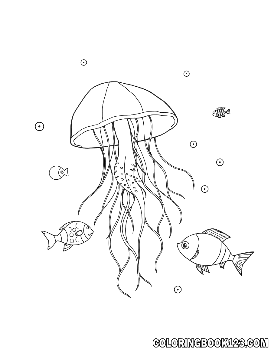 Ausmalbild von Quallen und Fischen im Meer