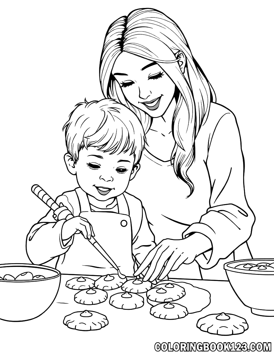 Ein Kind backt Kekse mit seiner Mama in der Küche.