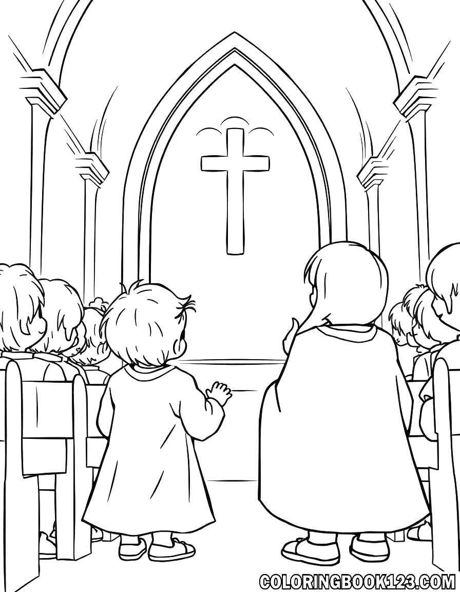 Ausmalbild von Kindern in einer Kirche