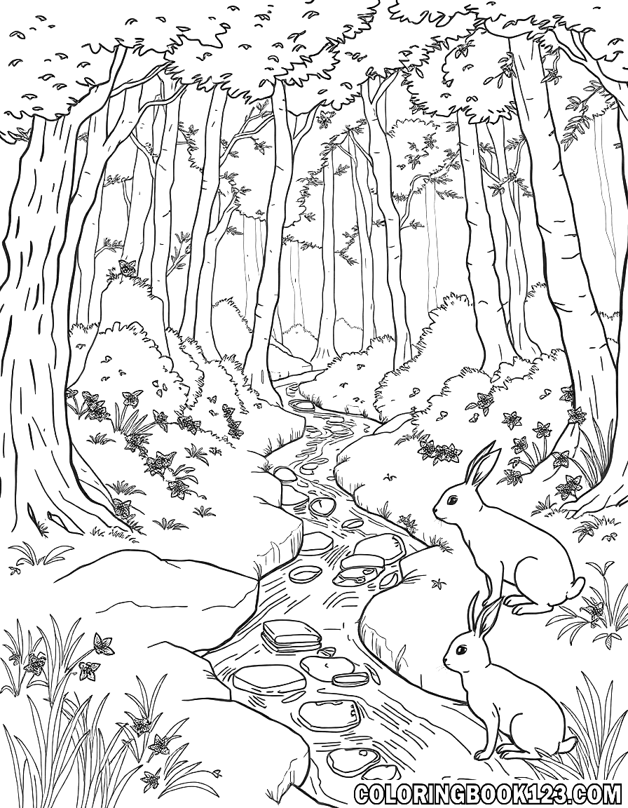 Ausmalbild eines Hasen an einem Bach im Wald